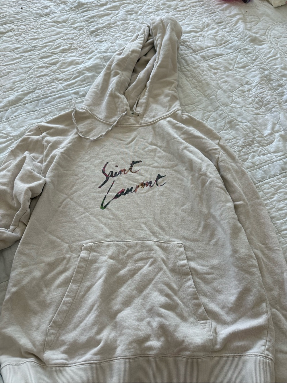 Saint Laurent Light Beige Hoodie with Multicolor Script